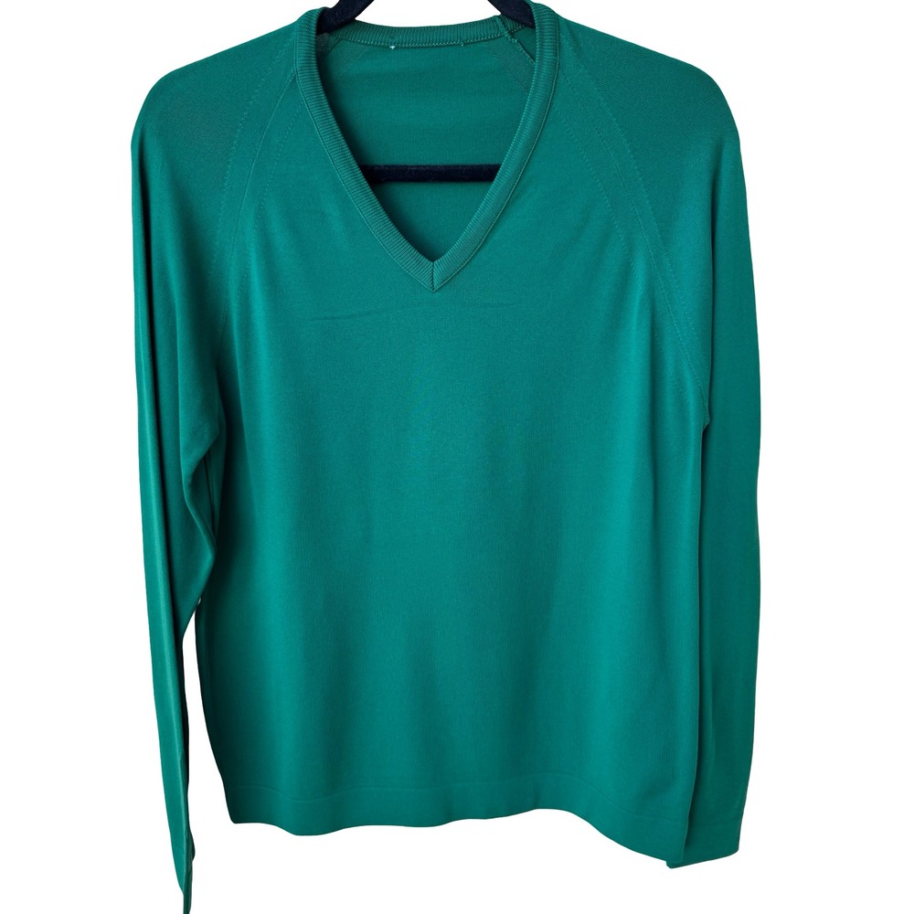 Vintage 70s Minimalist Preppy Layering‎ Emerald Green Fine Knit Sweater Womens S